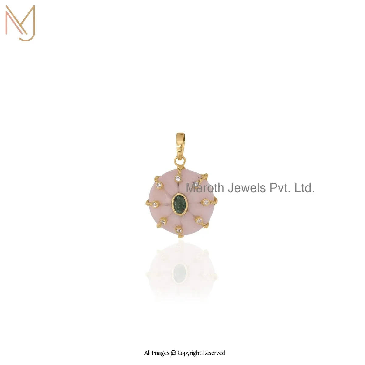 Wholesale 14K Yellow Gold Pink Opal & Emerald Flower Gemstone Pendant