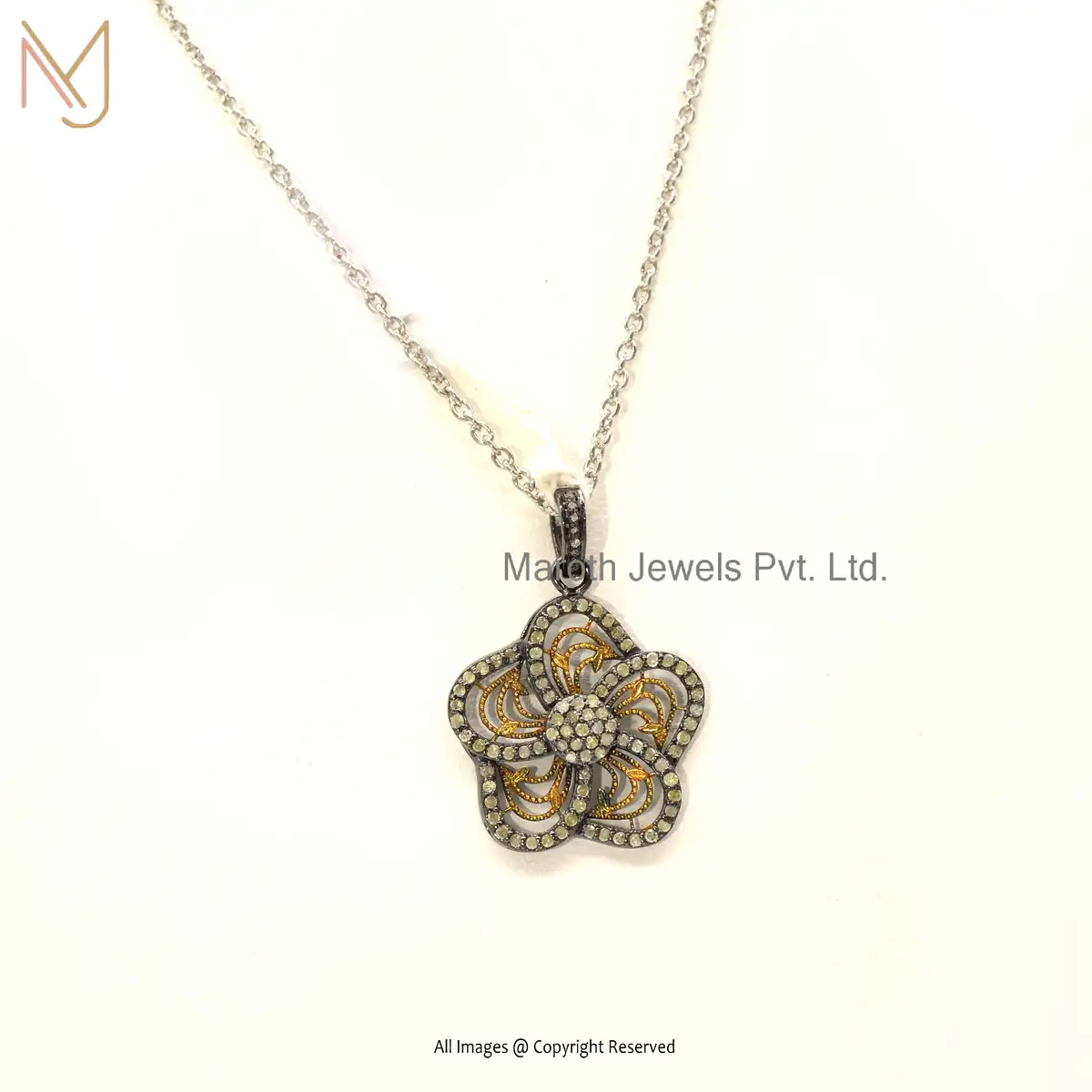 925 Sterling Silver Rhodium Yellow Gold Plated Pave Diamond Flower Pendant Jewelry USA