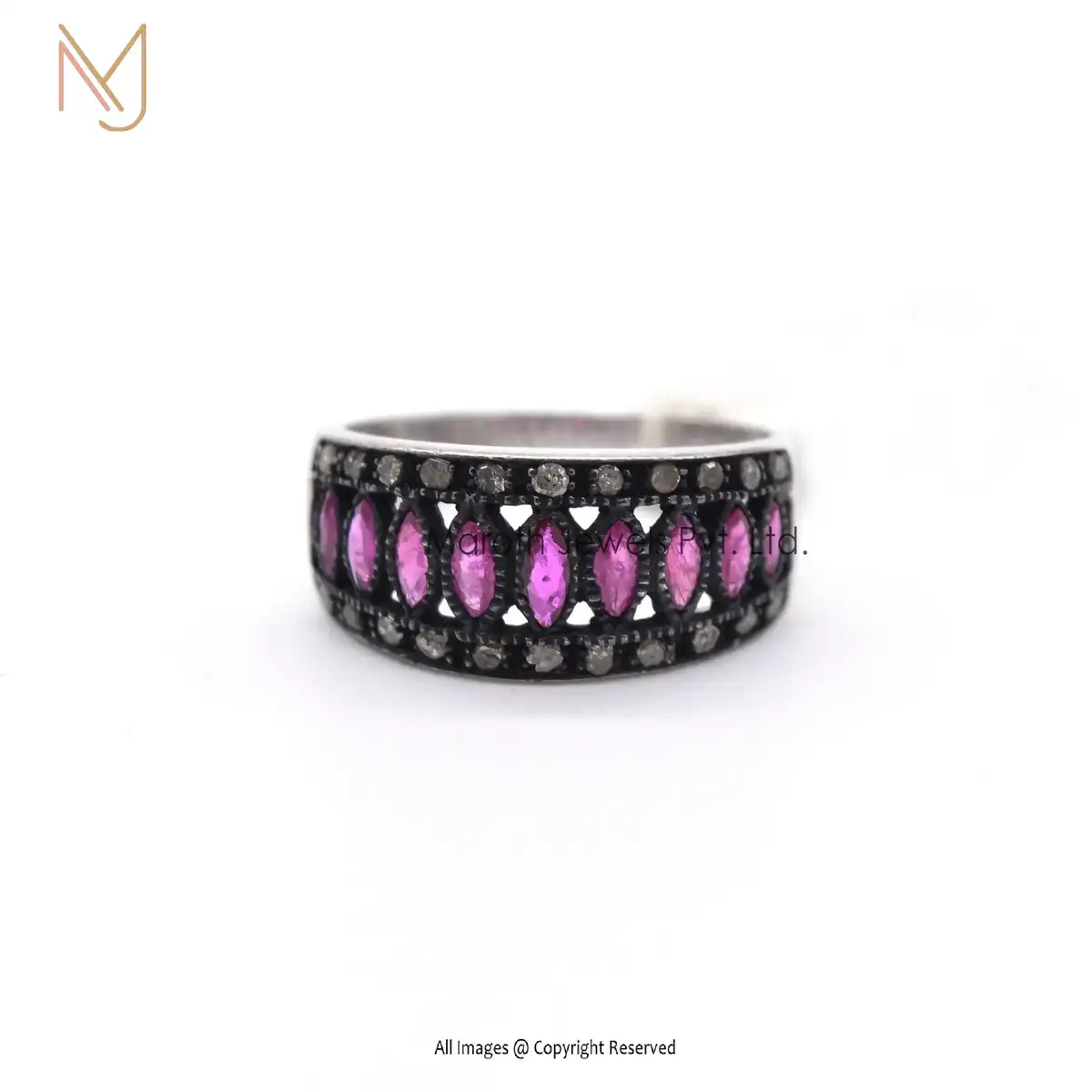 925 Silver Rhodium Plated Pave Diamond Pink Sapphire Gemstone Ring Jewelry Manufacturer