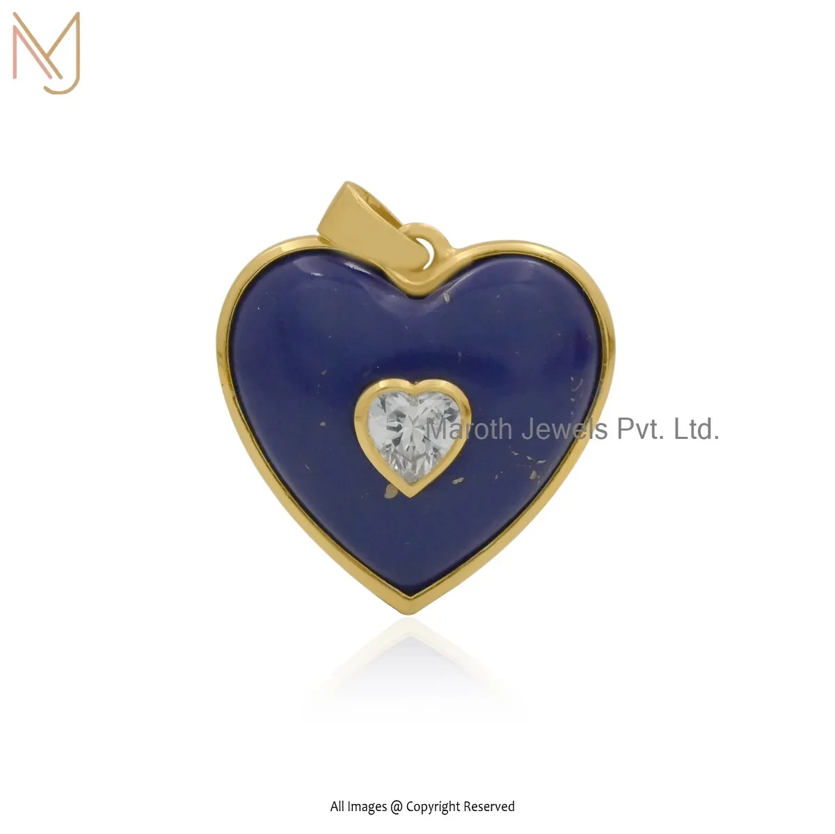 Wholesale 925 Silver Yellow Gold Plated Cubic Zircon & Lapiz Lazuli Heart Pendant