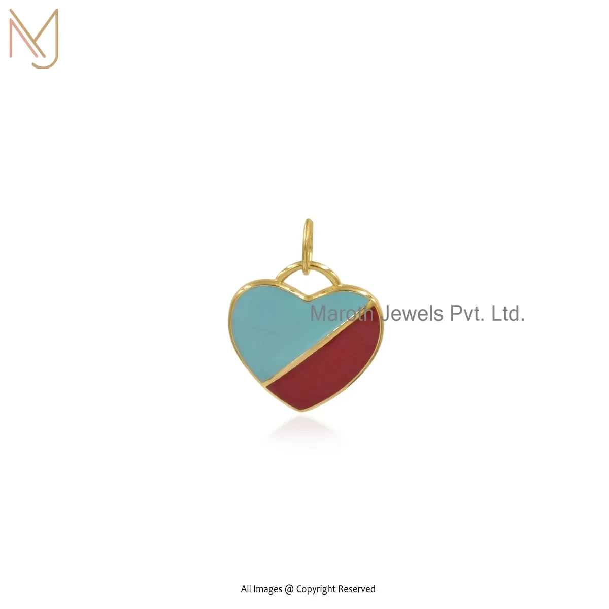 Private Lable 925 Silver Yellow Gold Plated Red Enamel & Turquoise Enamel Heart Pendant