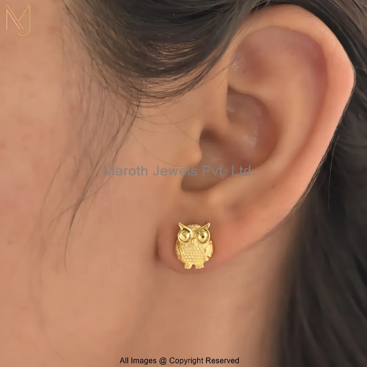 14K Yellow Gold Owl Stud Earrings Custom Jewelry