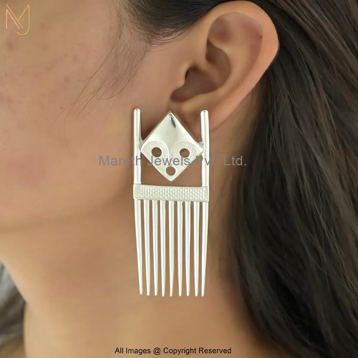 14K White Gold Geometric Comb Statement Drop Earring Jewelry Supplier