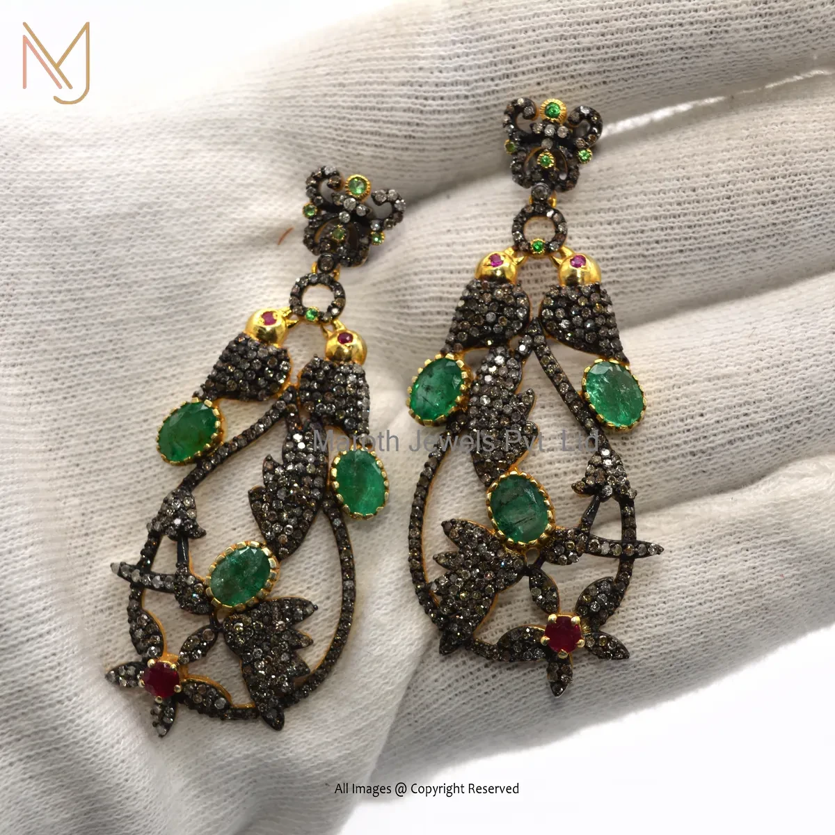 925 Silver Rhodium Yellow Gold Plated Pave Diamond , Emerald , Ruby Gemstone Dangle Earring USA