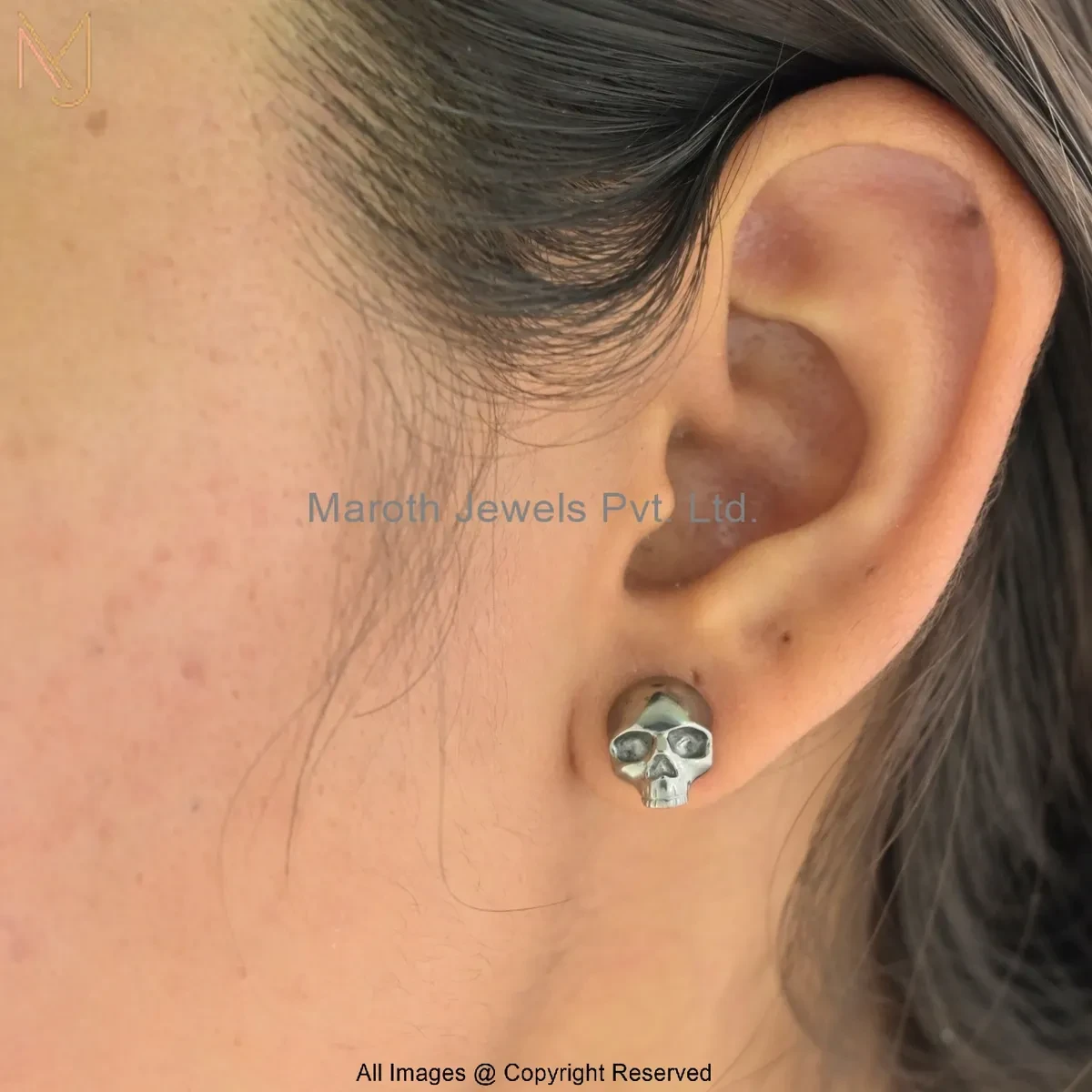 14K White Gold Skull Stud Earring Custom Jewelry