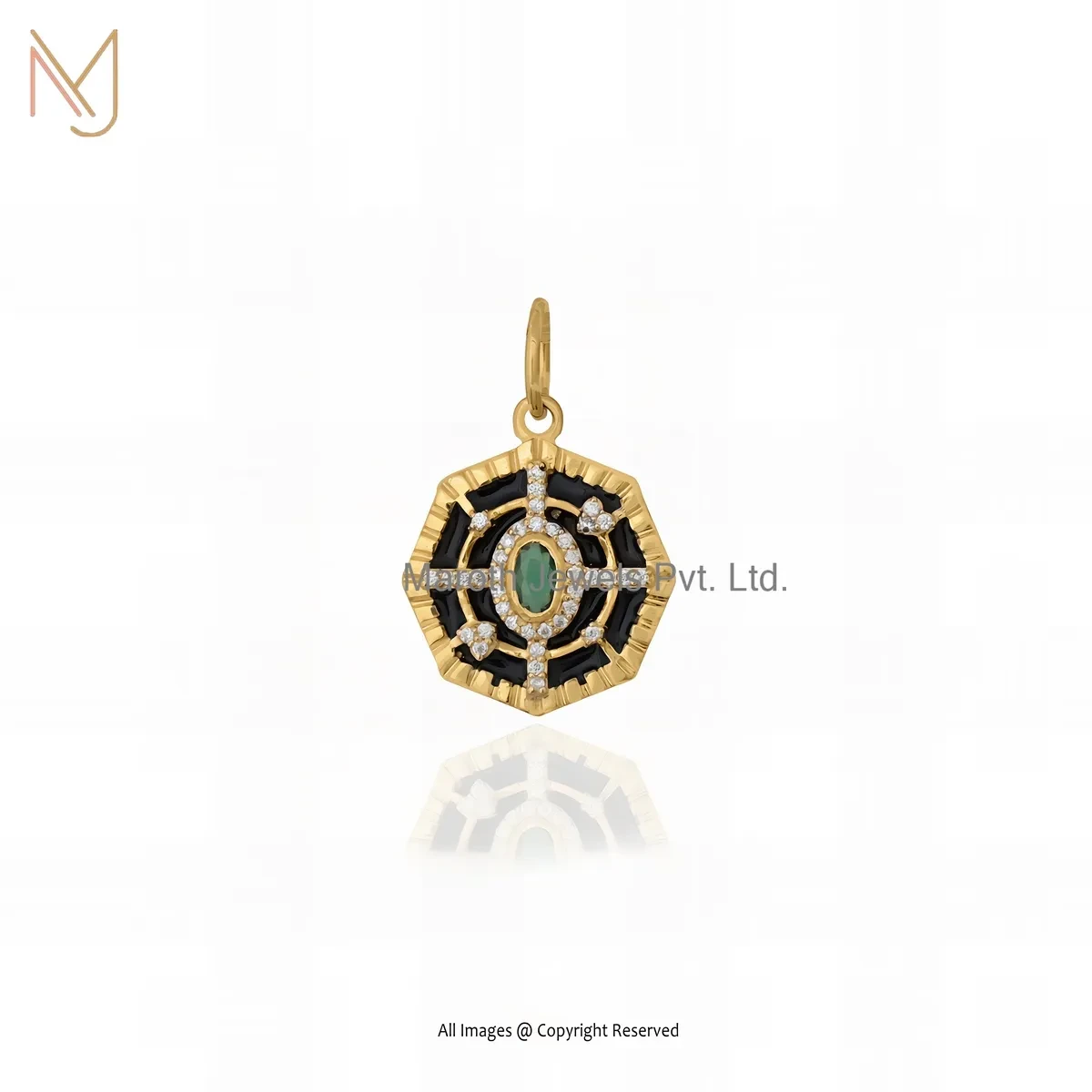 925 Silver Yellow Gold Plated Moissanite & Green Cubic Zircon And Black Enamel Octagon Pendant USA