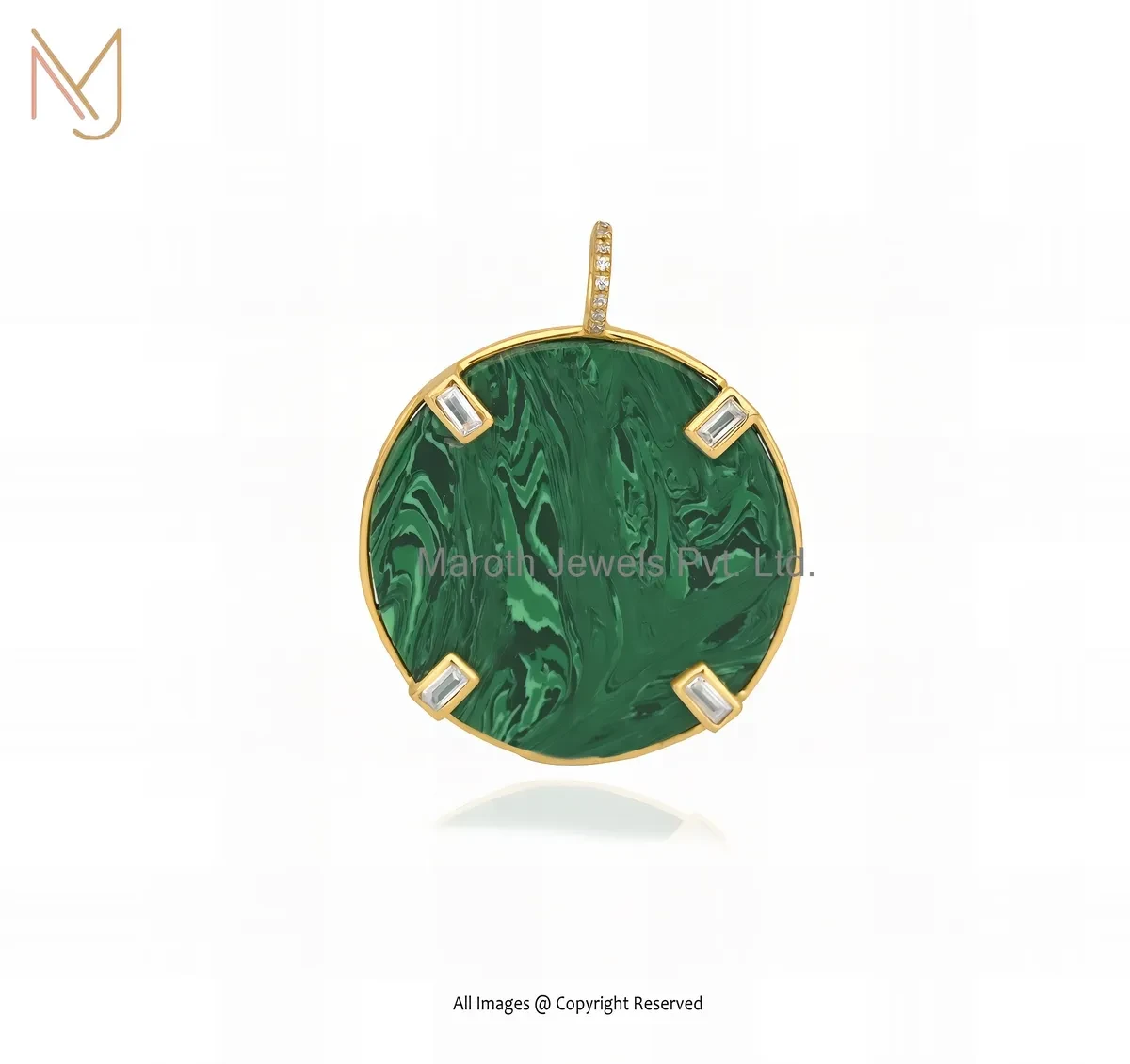 Private Lable 925 Silver Yellow Gold Plated Malachite & Baguettes And White Cubic Zircon Disc Pendant