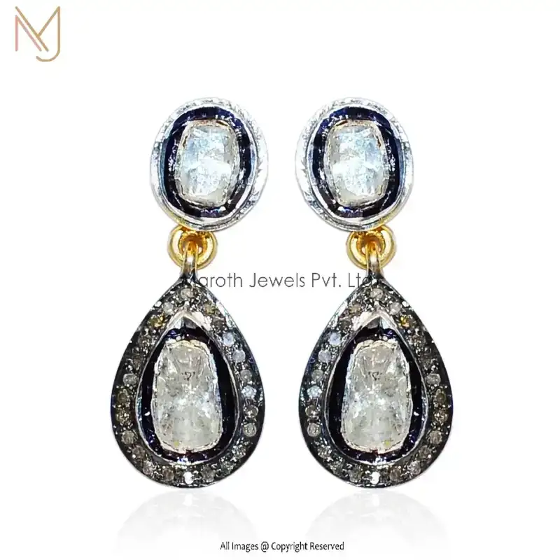 Wholesale 925 Silver Pave Diamond & Rose Cut Diamond Drop Earrings