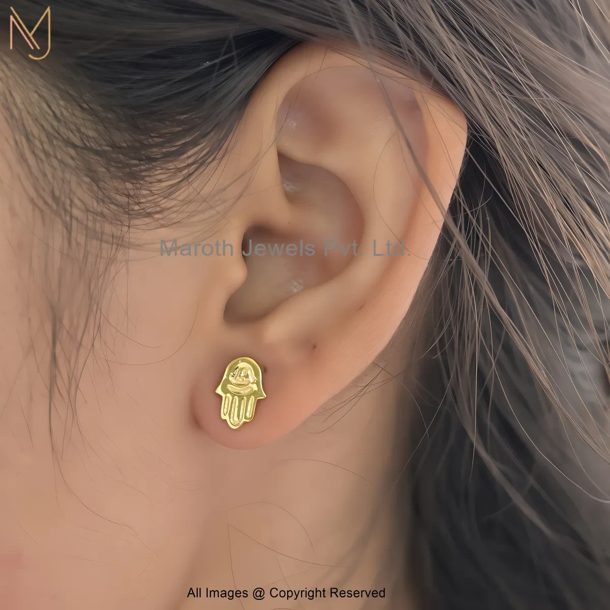 14K Yellow Gold Hamsa Hand Stud Earring Jewelry Supplier