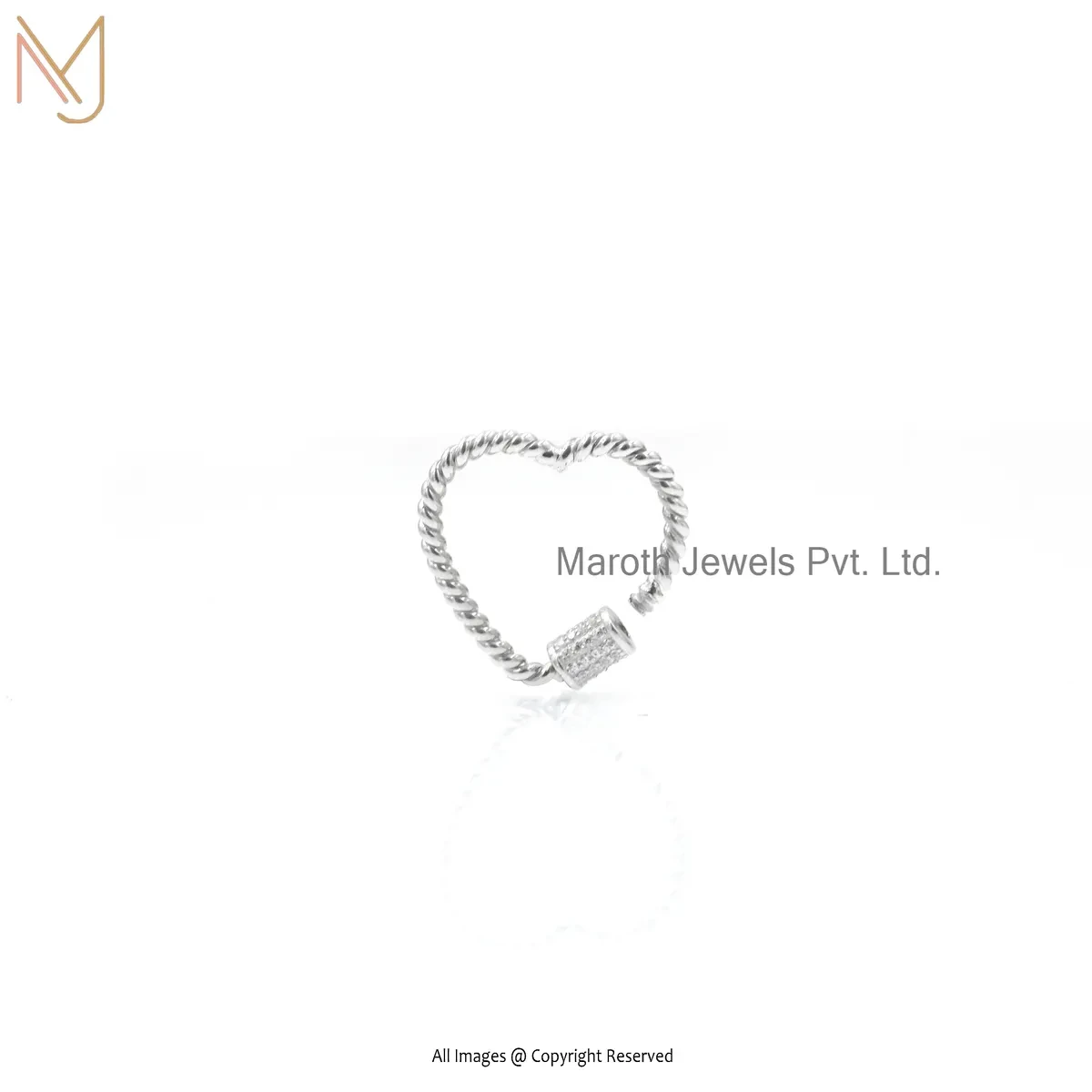 14K White Gold Cubic Zircon Twisted Heart Carabiner Lock Jewelry Supplier