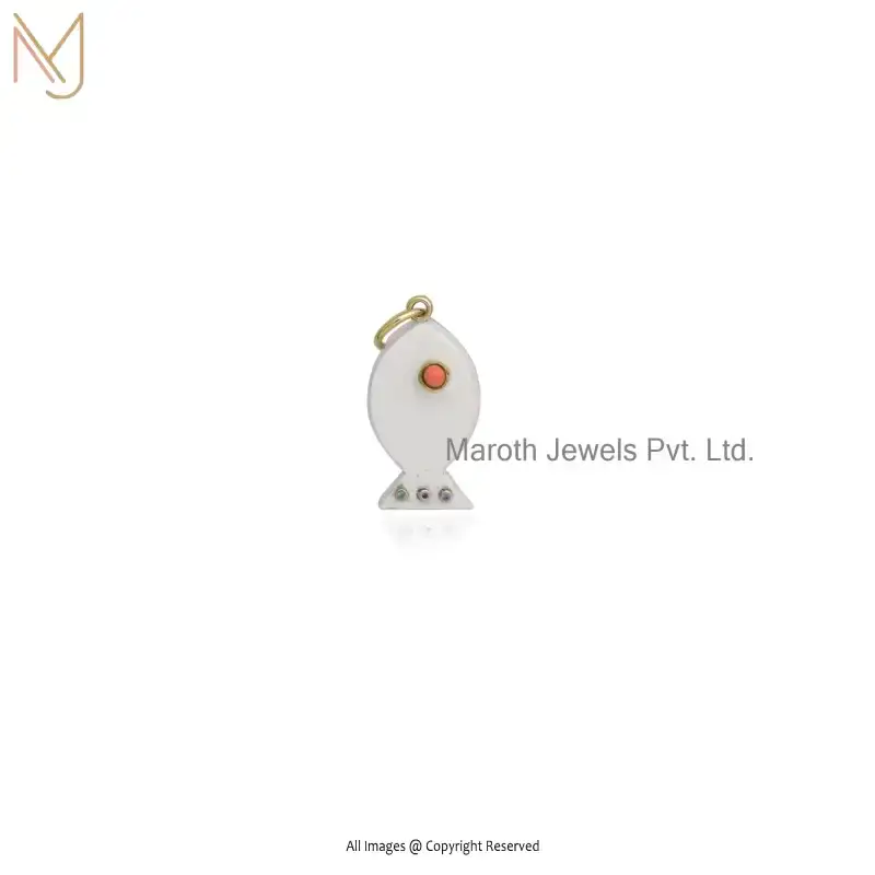 Private Lable 14K Yellow Gold Orange Coral & Turqouise Multi Gemstone Fish Pendant