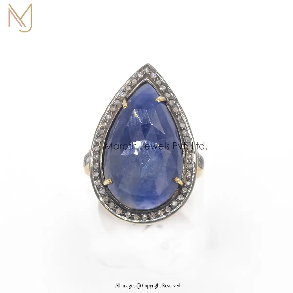 925 Silver Rhodium Yellow Gold Pave Diamond Blue Sapphire Gemstone Ring Jewelry Manufacturer