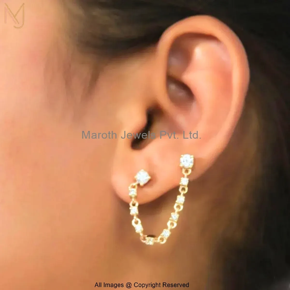 925 Silver Yellow Gold Plated Moissanite Double Pierced Chain Stud Earrings Custom Jewelry