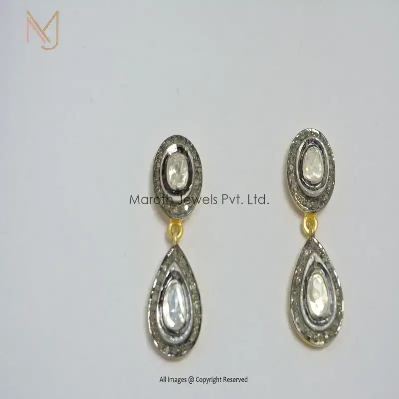 925 Silver Yellow Gold Black Rhodium Plated Pave Diamond & Rose Cut Diamond Earrings