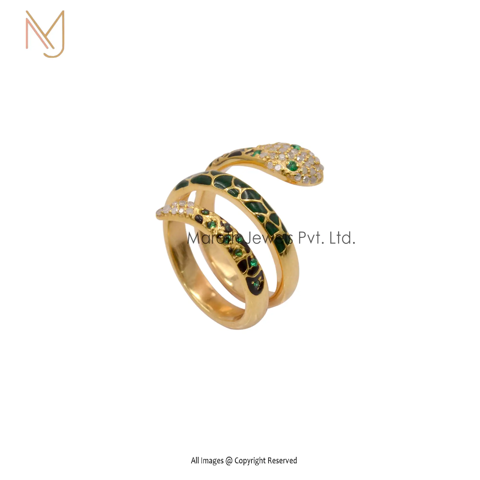 925 Silver Diamond Emerald Green Enamel Snake Ring Manufacturer