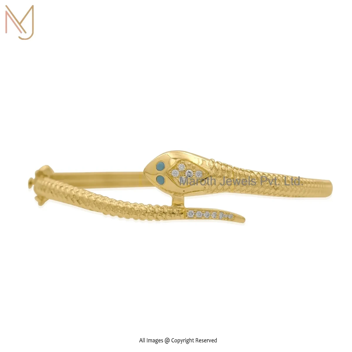 9K Yellow Gold Lab Diamond And Turquoise Snake Bangle Manufacturer