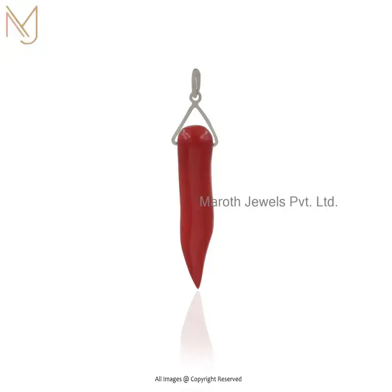 14K Yellow Gold Red Coral Horn Charm Pendant Jewelry Supplier