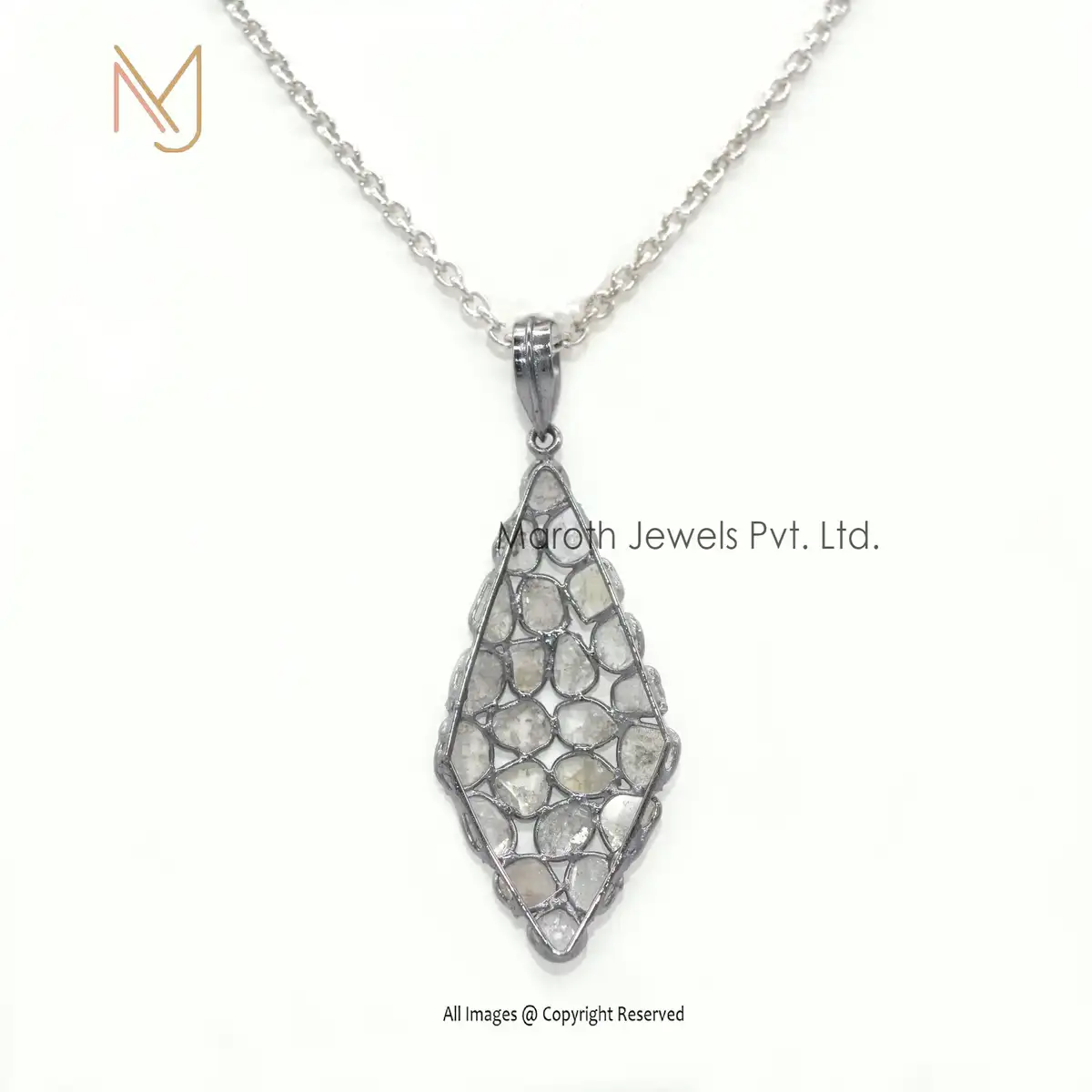 925 Silver Black Rhodium Plated Rose Cut Diamond Jewelry Polki Diamond Pendant Manufacturer