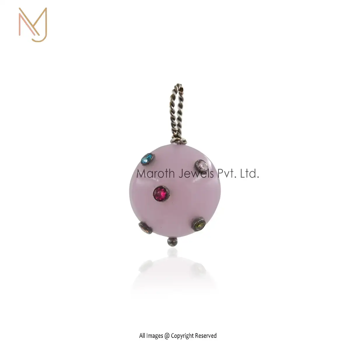 14K Gold Rose Quartz & Multi Gemstone Round Ball Pendant Jewelry USA