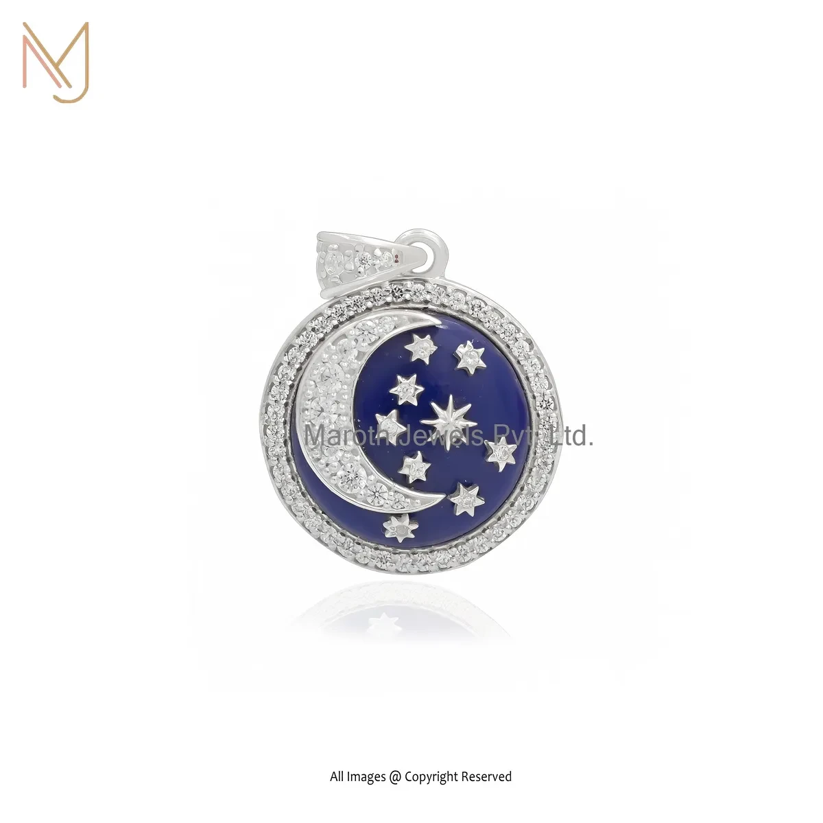 Wholesale 925 Silver Natural Silver Plated Lapiz Lazuli Cubic Zircon Moon Disc Pendant