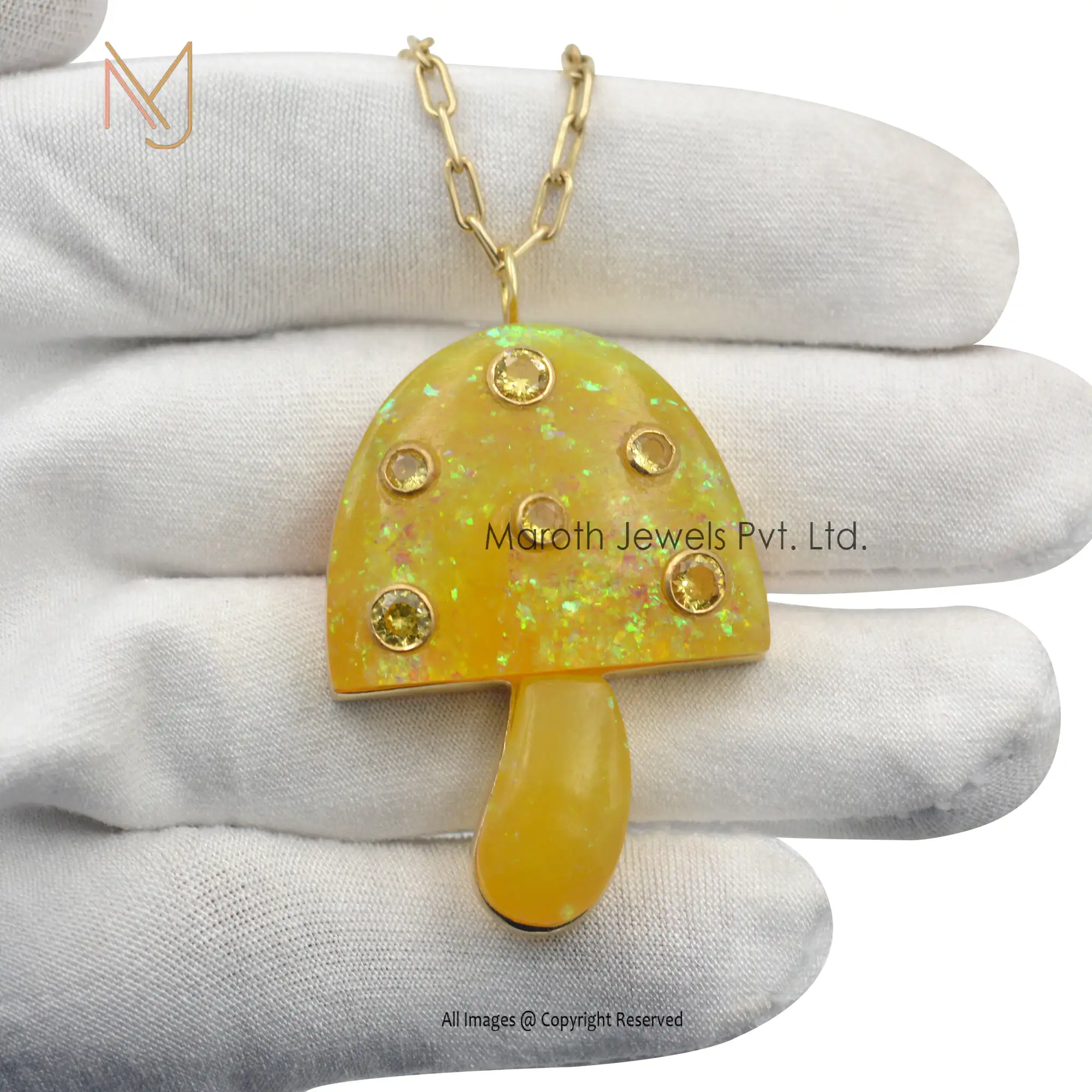 14k Yellow Gold Big Stone Yellow Opal & Small Stone Yellow Opal & Heart Stone All Light Yellow, Pink, White, Topaz Or Zircon Mushroom Pendant Wholesale