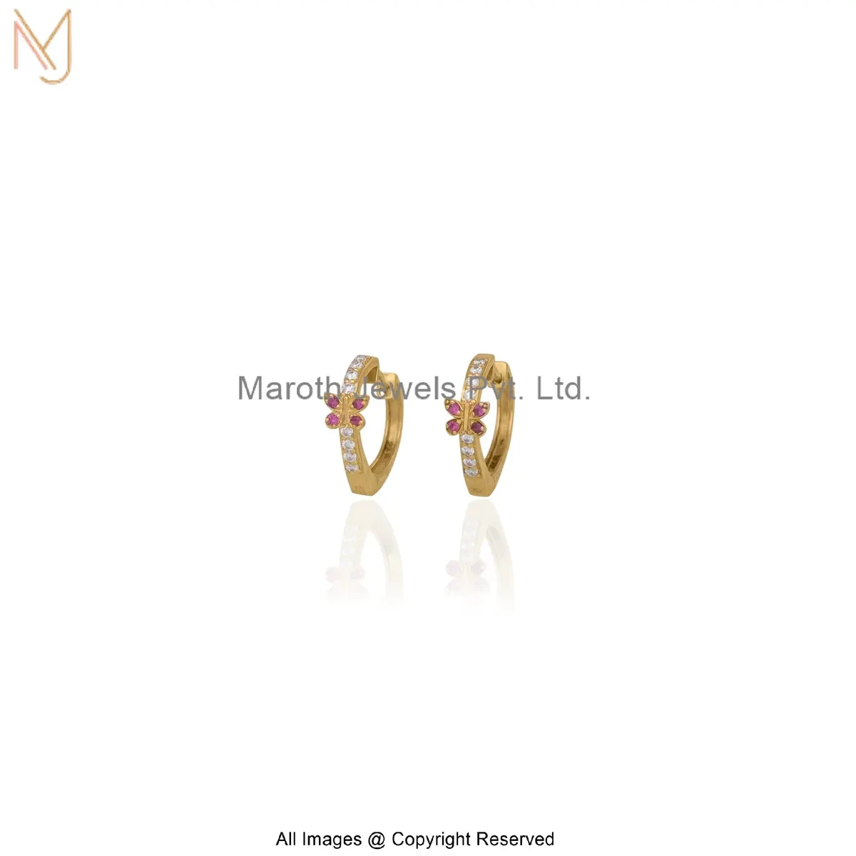 Wholesale 22K Yellow Gold Moissanite Butterfly Motif Stone Studded Gold Hoop Earrings