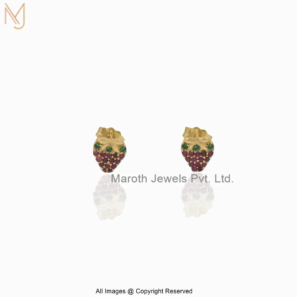 Wholesale 14K Yellow Gold Emerald & Ruby Gemstone Strawberry Stud Earring