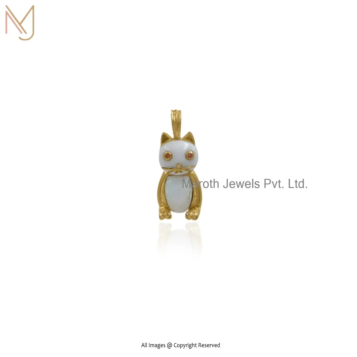 925 Silver Yellow Gold Plated Ethiopian Opal And Garnet Kitten Charm Pendant Custom Jewelry
