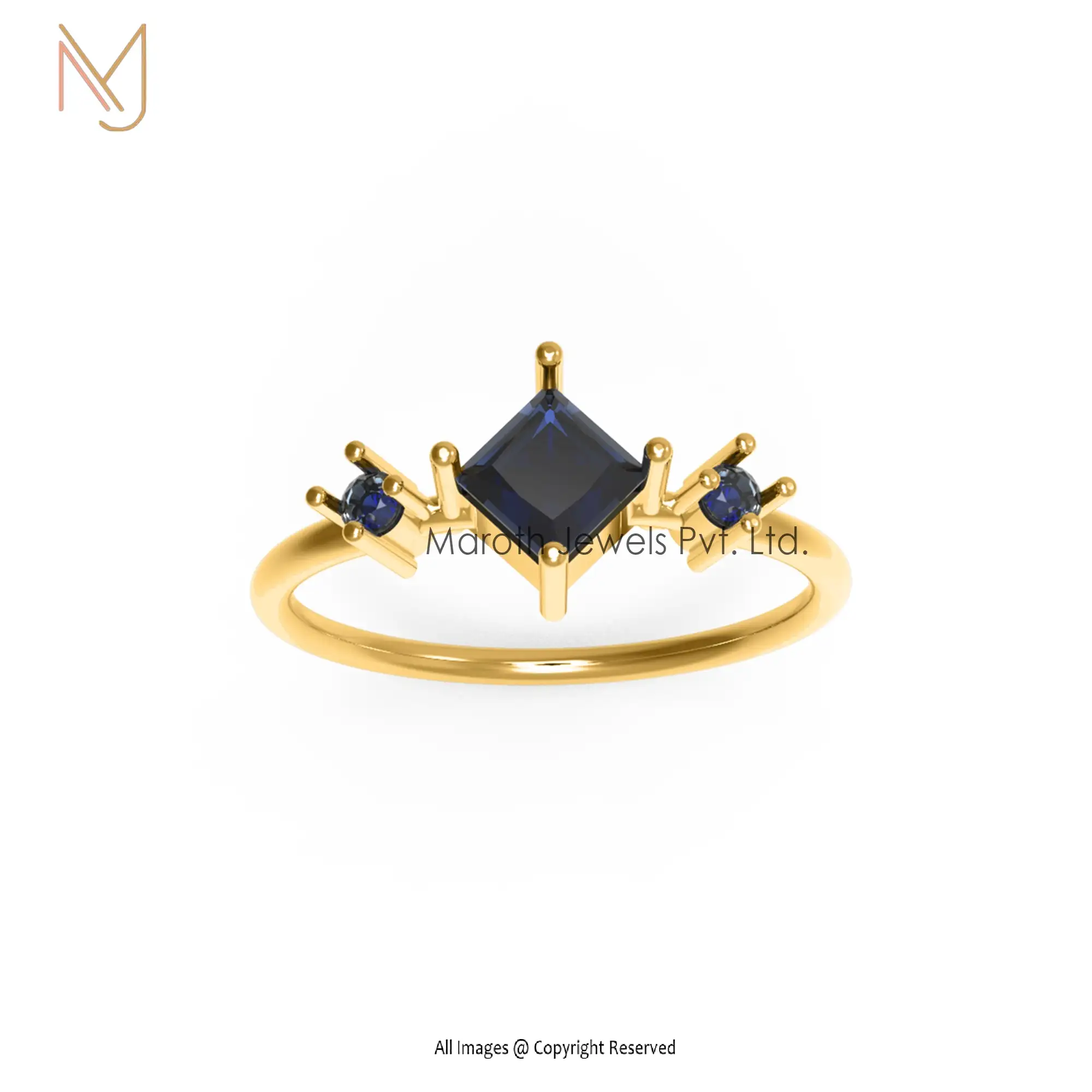 14K Yellow Gold Blue Sapphire Gemstone Statement Ring Party Wear Jewelry Manufacturer