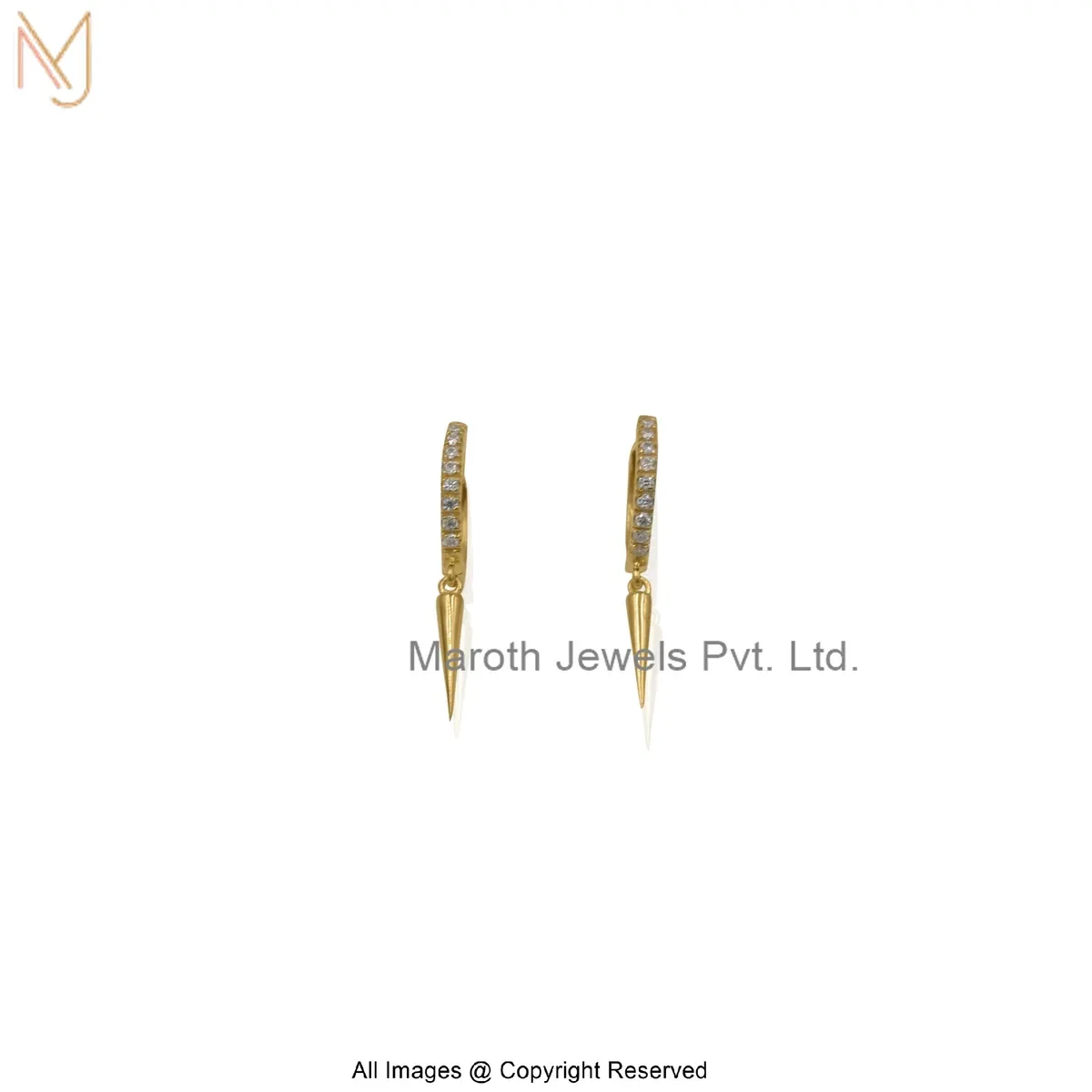 14K Yellow Gold Diamond Moissanite Hip Hop Punk Style Triangle Spike Hoop Earring USA