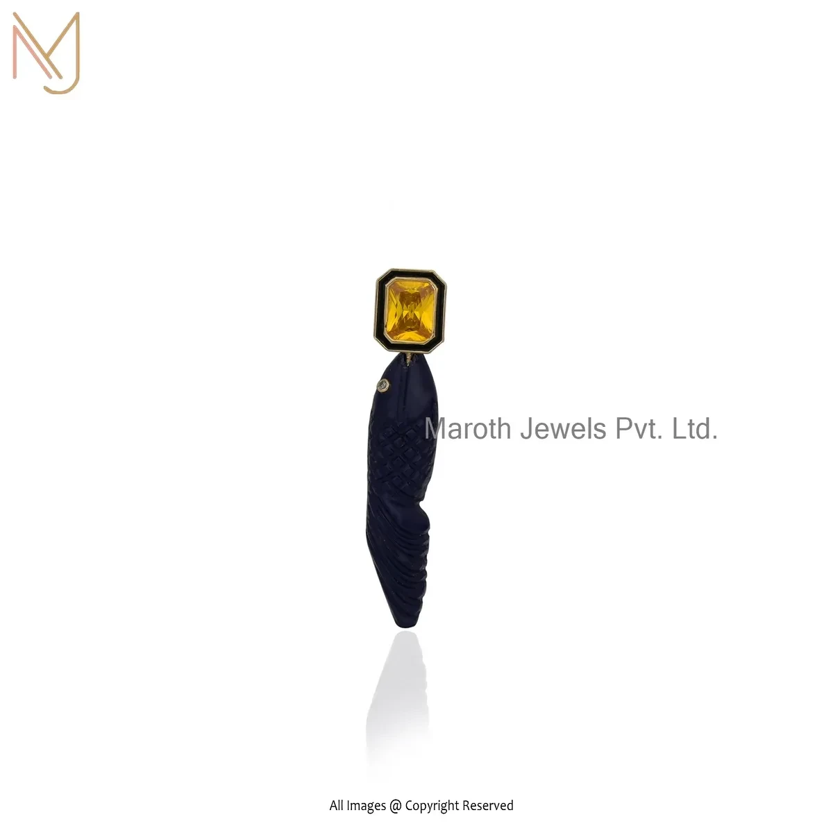925 Silver Yellow Gold Plated Lapiz Lazuli & Yellow Cubic Zircon And Black Enamel Fish Pendant USA