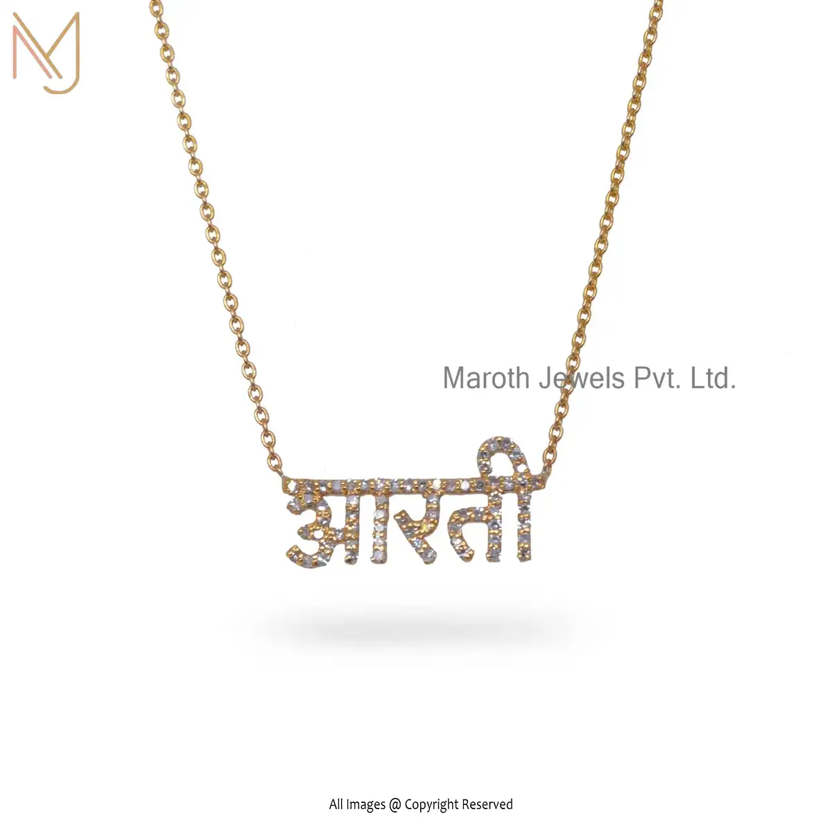 925 Silver Yelow Gold SI GH Diamond Hindi Letter AARTI Name Plate Pendant Necklace USA