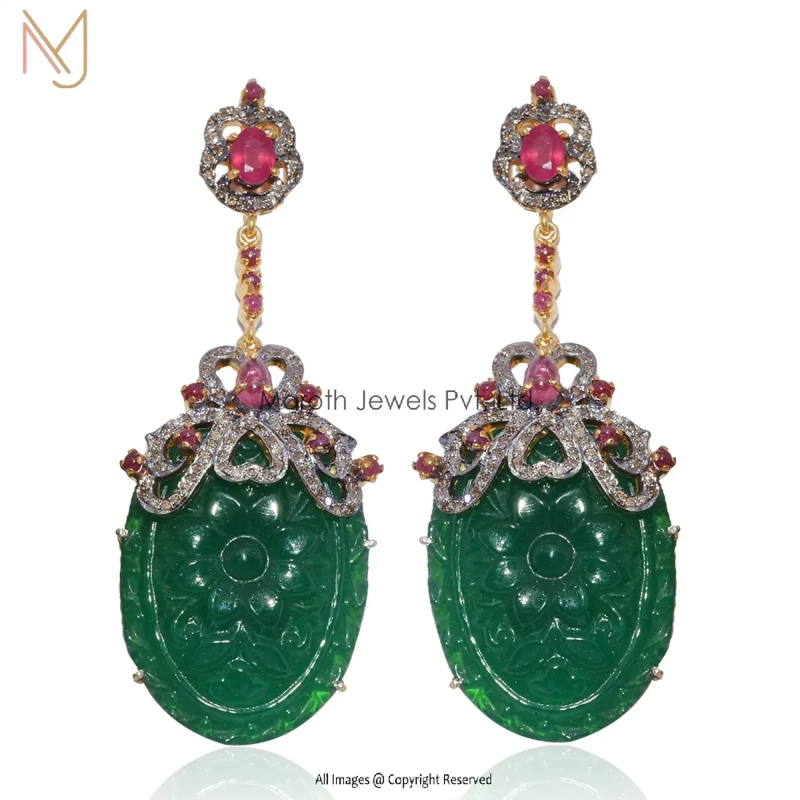 Wholesale 925 Silver Black Rhodium Pave Diamond Ruby Gemstone Emerald Carving Designer Earrings  Jewelry