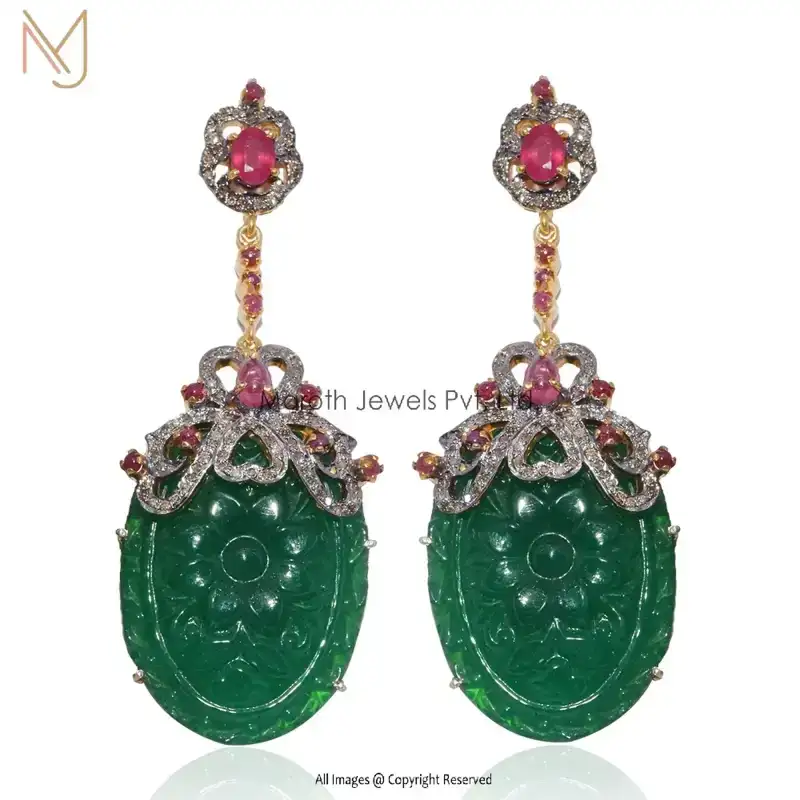 Wholesale 925 Silver Black Rhodium Pave Diamond Ruby Gemstone Emerald Carving Designer Earrings  Jewelry