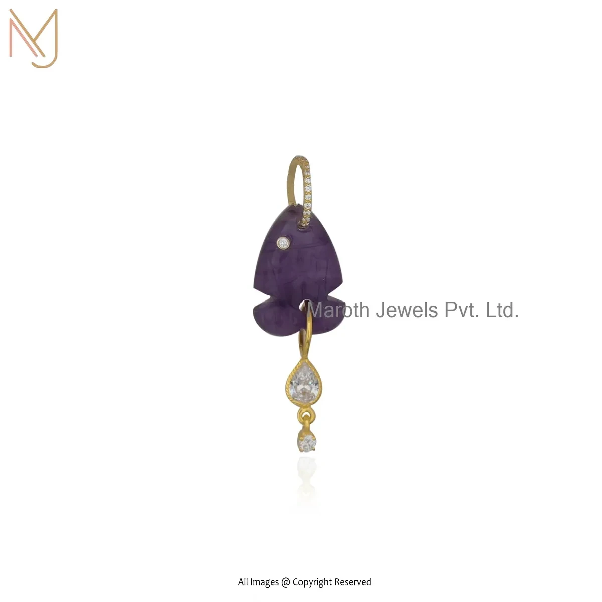 Wholesale 14K Yellow Gold Cubic Zircon & Amethyst Gemstone Fish Pendant