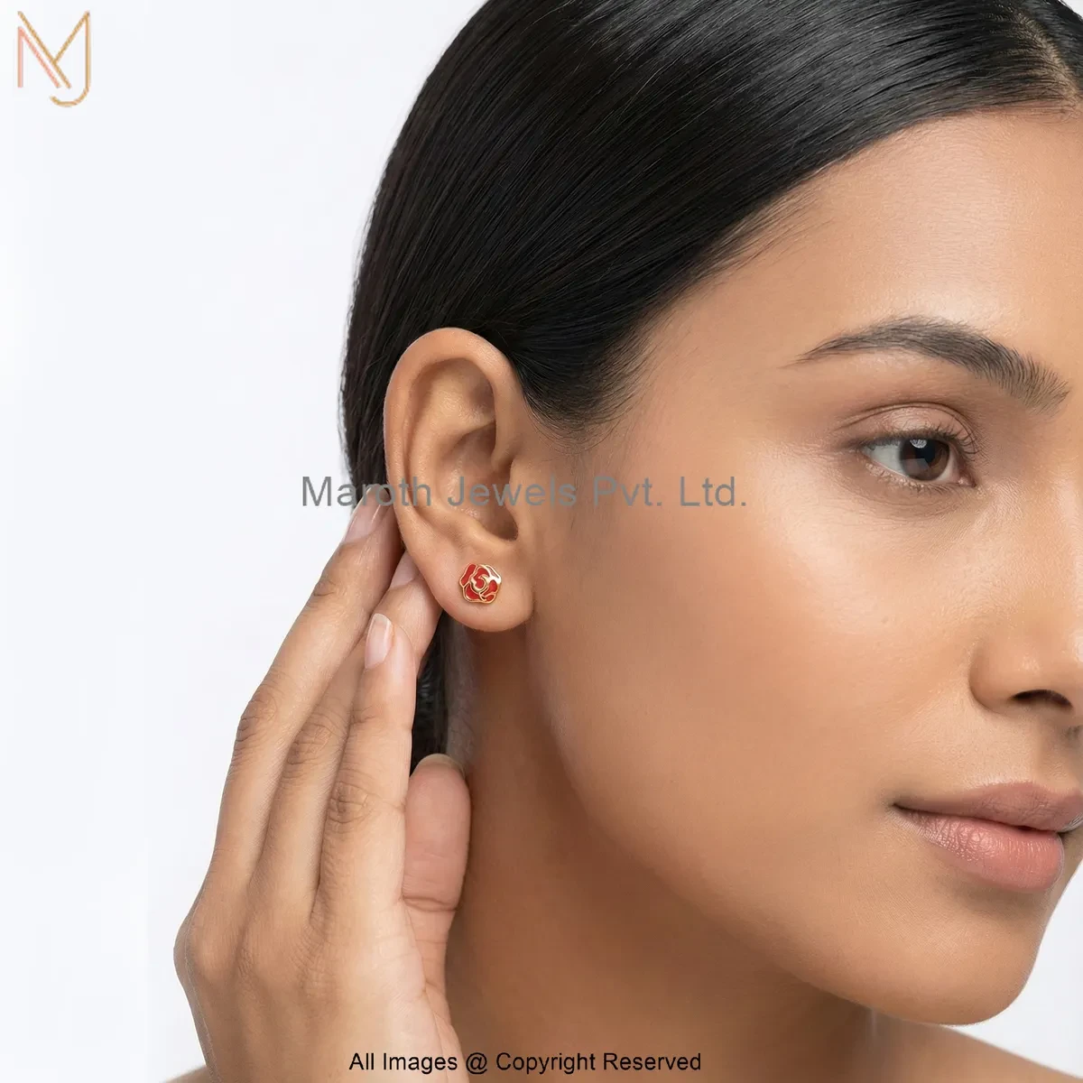 14K Yellow Gold Red Enamel Scarlet Rose Stud Earrings Custom Jewelry