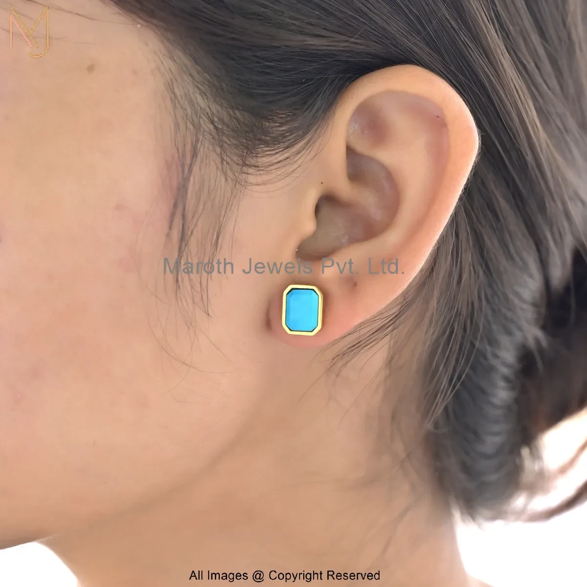 925 Silver Yellow Gold Plated Turquoise Octagon Stud Earrings Jewelry Supplier
