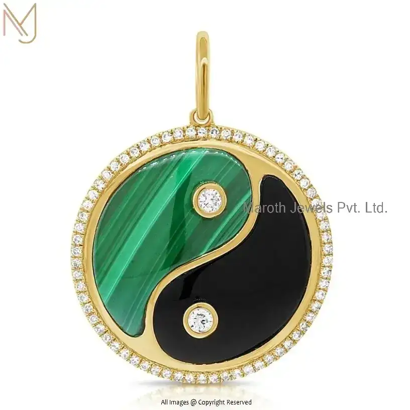 14K Yellow Gold Malachite , Black Onyx , Cubic Zircon Yin Yang Pendant Manufacturer