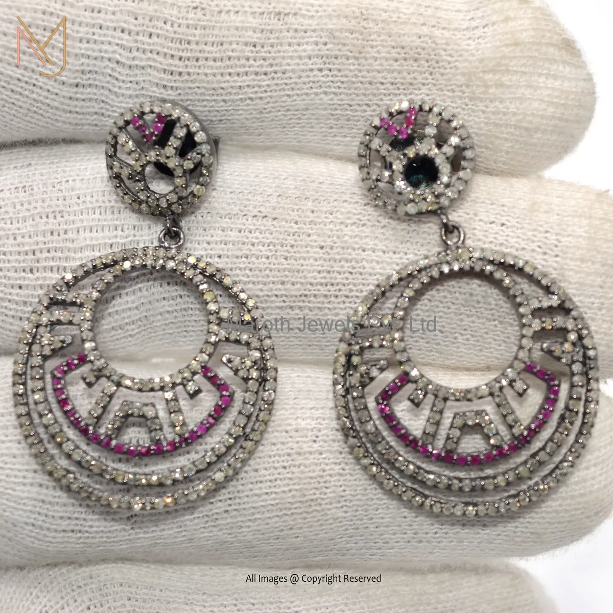 925 Silver Rhodium Plated Pave Diamond Ruby Gemstone Drop Earring Manufacturer