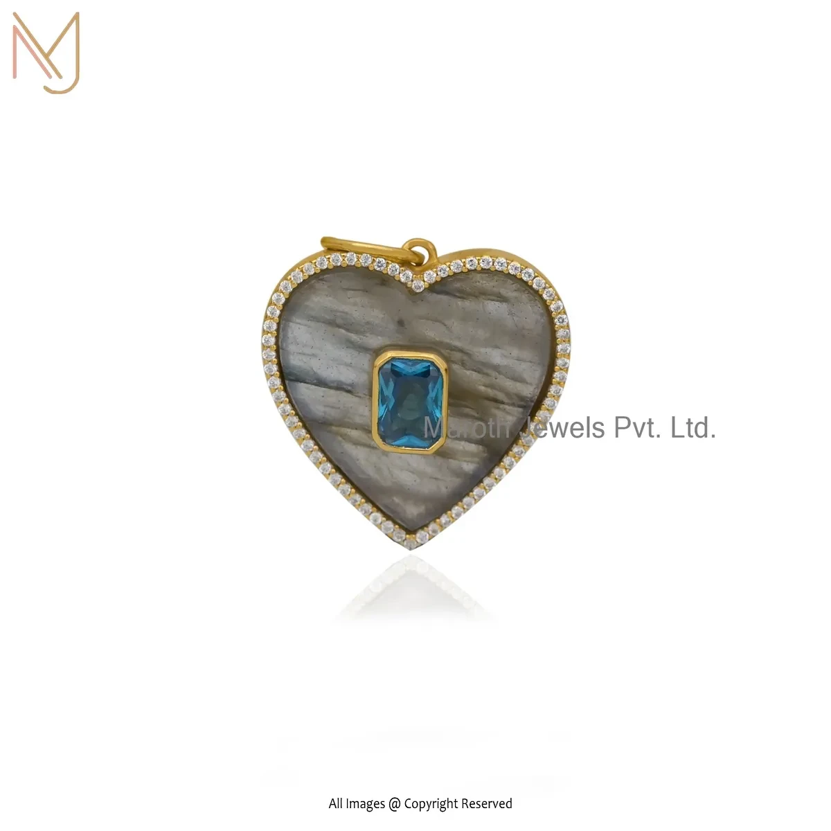 925 Silver Yellow Gold Plated Ruby Cubic Zircon & Malachite Gemstone Heart Pendant Jewelry Supplier