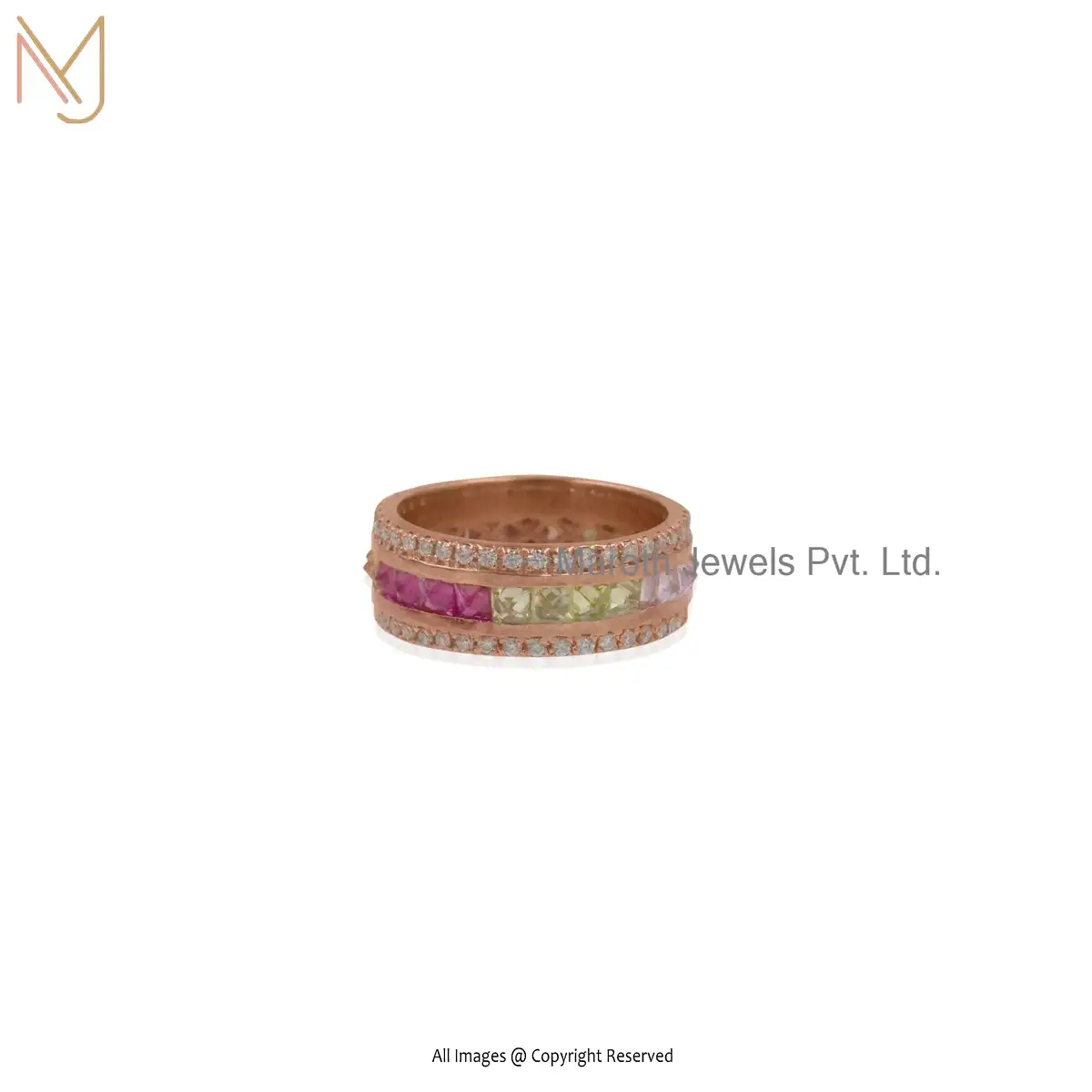 Wholesale 14K Rose Gold Plated Moissanite Multi Color Stone Band Ring