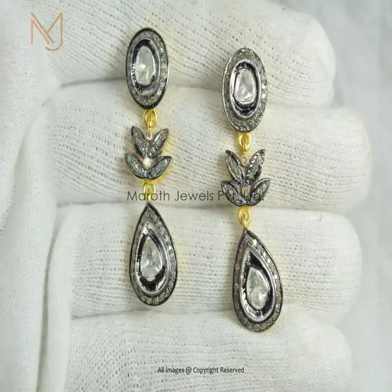 925 Silver Yellow Gold Black Rhodium Plated Pave Diamond & Rose Cut Diamond Earrings Wholesale