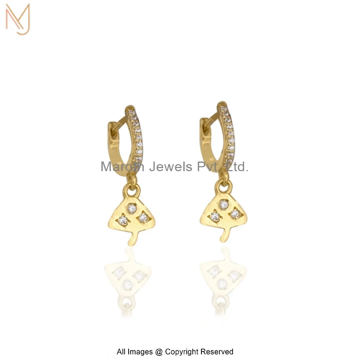 14K Yellow Gold Diamond Cubic Zircon Gold Finish Diamond Accent Mushroom Drop Hoop Earrings USA