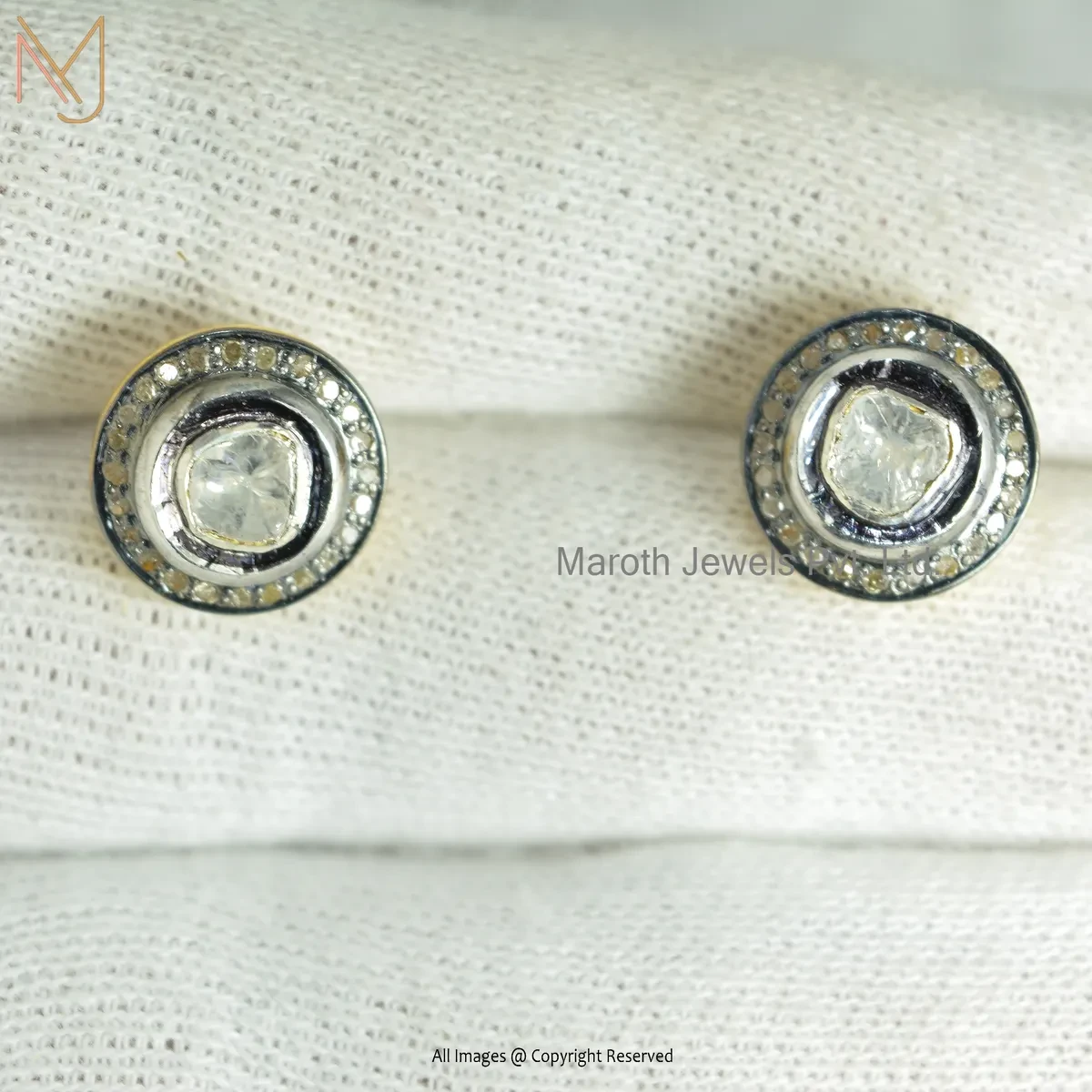 14K Yellow Gold Pave Diamond Rose Cut Polki Diamond Stud Earring Manufacturer