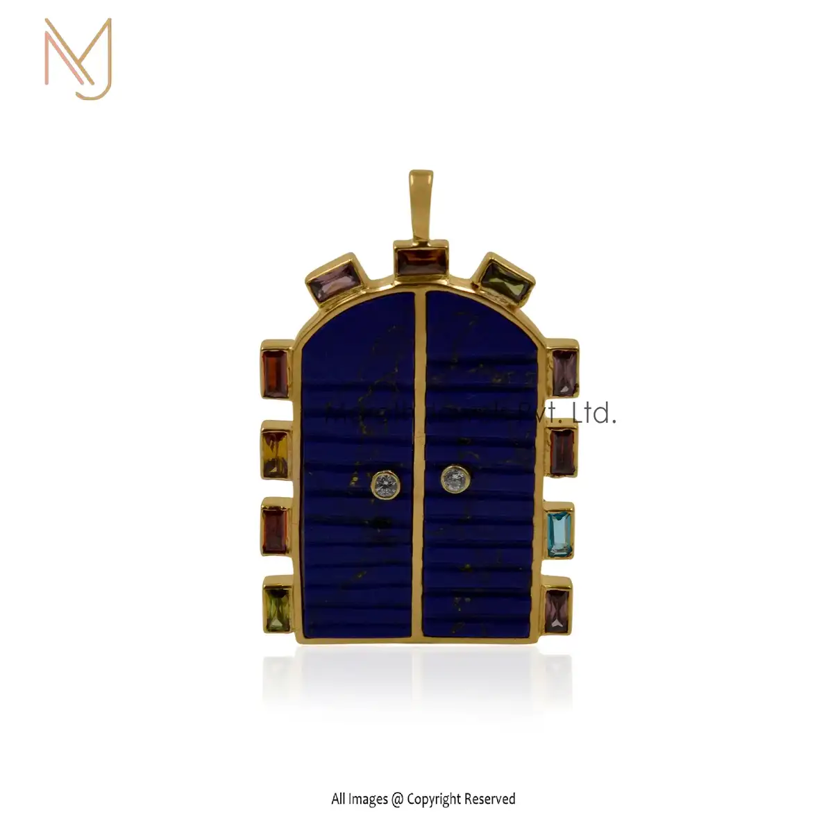 14K Yellow Gold Lapiz Lazuli & White Topaz And Multi Baguettes Pendant Jewelry USA