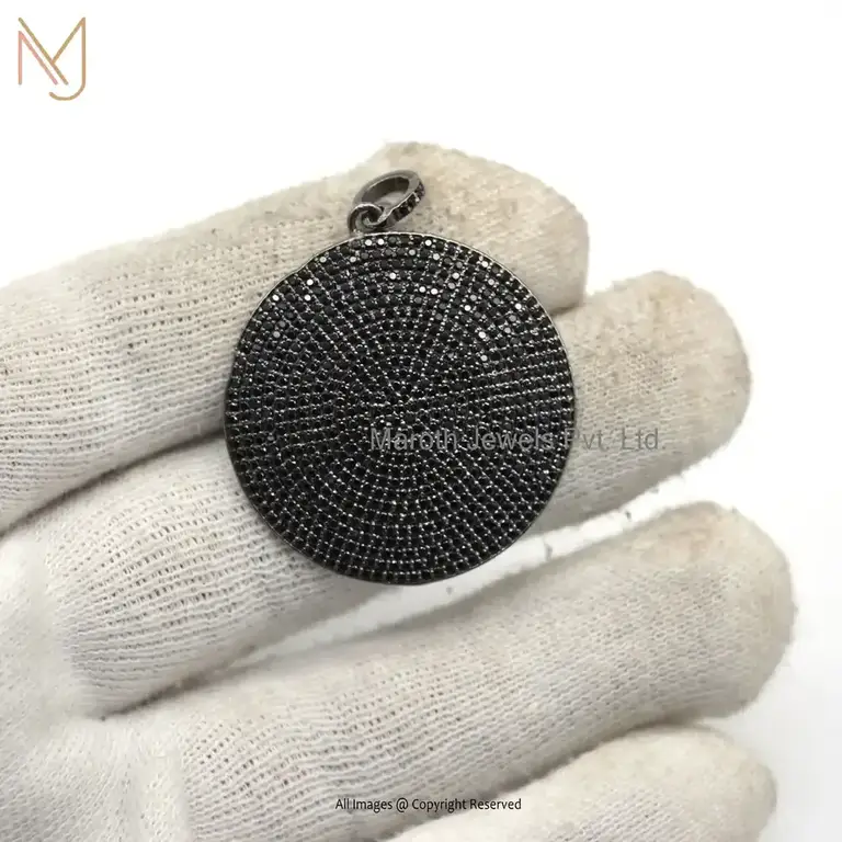 925 Silver Black Rhodium Plated Black Spinel Disk Pendant Custom Jewelry