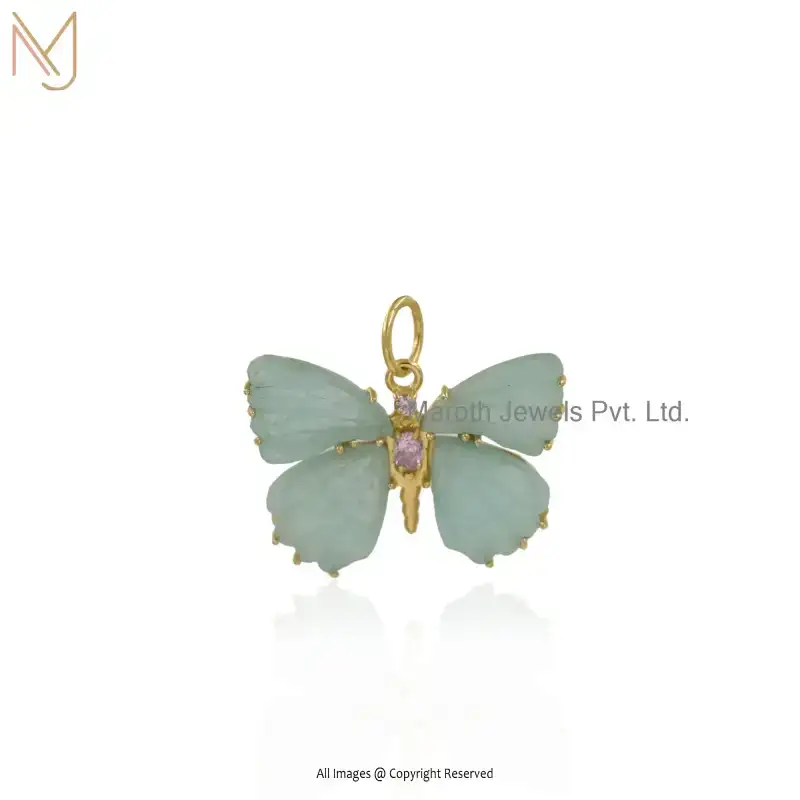 14K Yellow Gold Amazonite & Pink CZ White CZ Butterfly Gemstone Pendant USA