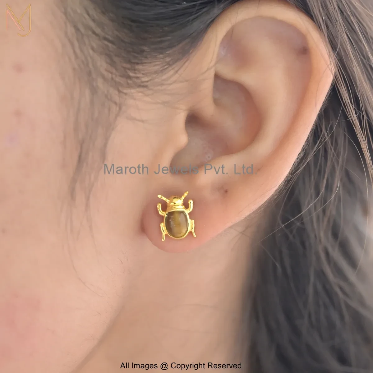 925 Silver Yellow Gold Plated Tiger Eye Gemstone Scarab Stud Earring Jewelry Supplier