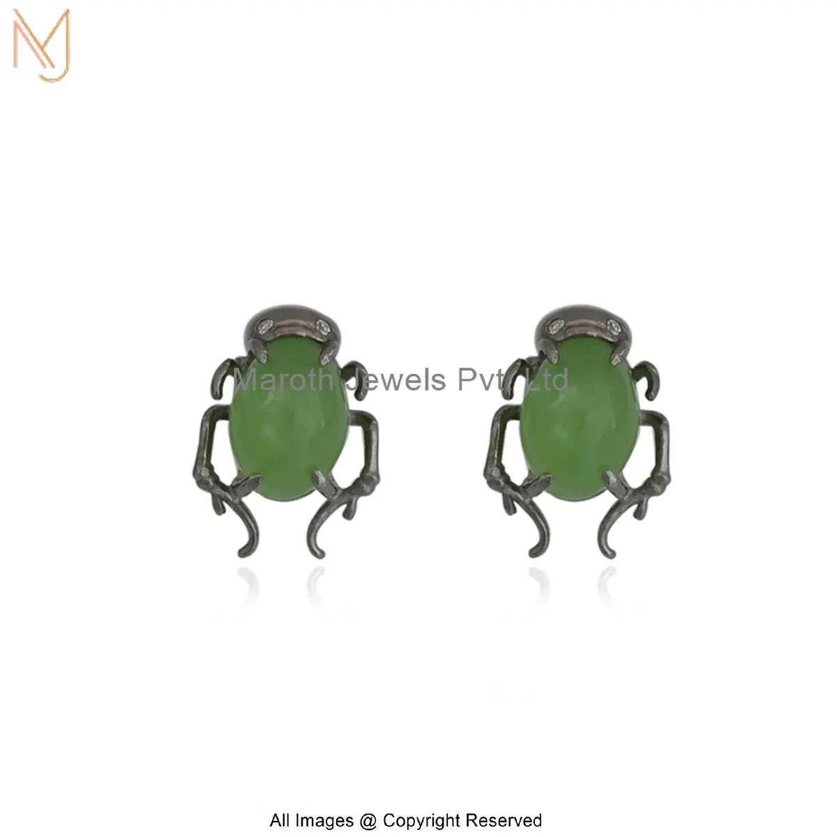 14K White Gold Cubic Zircon Green Scarab Gem Stud Earrings Manufacturer