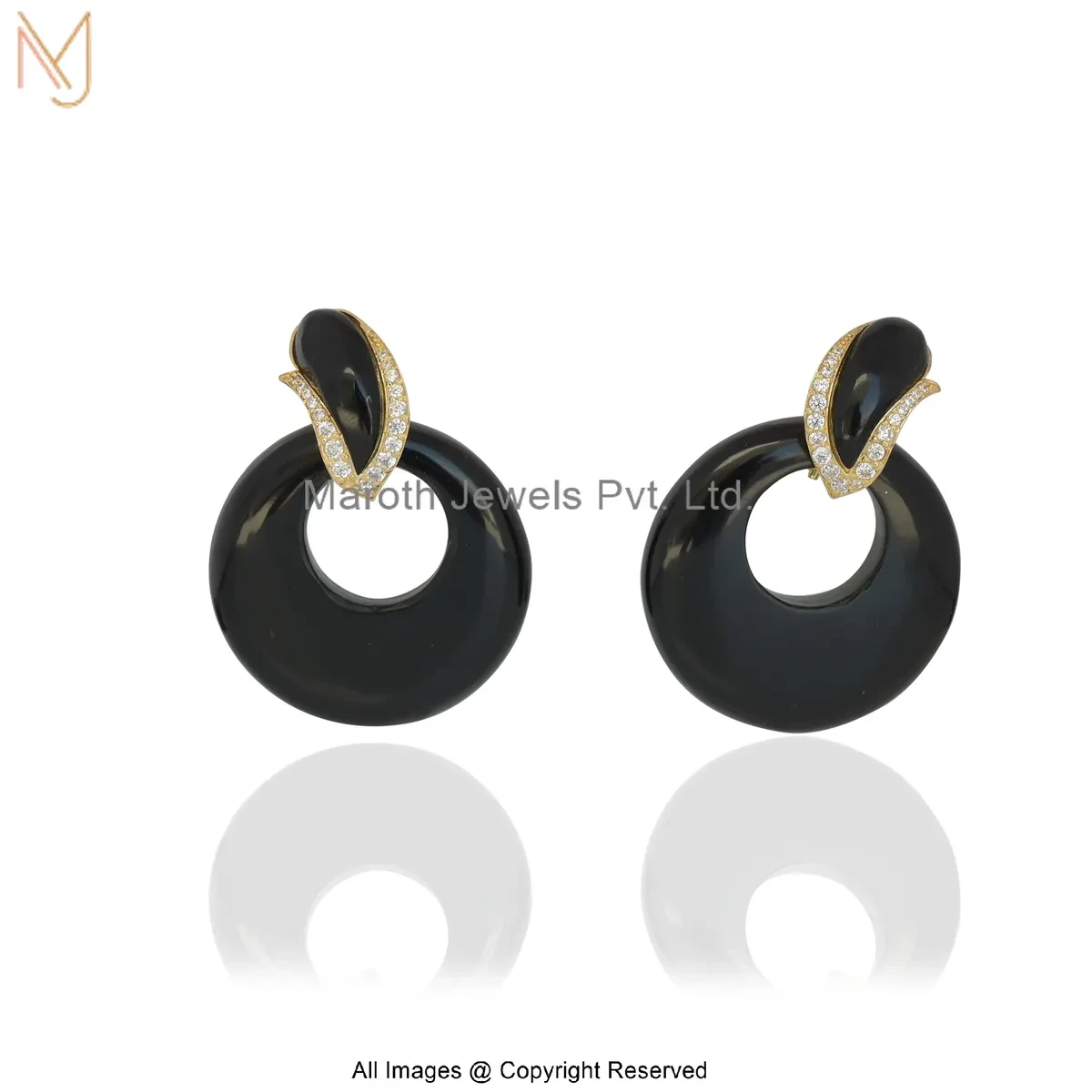925 Silver Yellow Gold Plated Cubic Zircon Black Onyx Eclipse Donut Drop Earrings Custom Jewelry